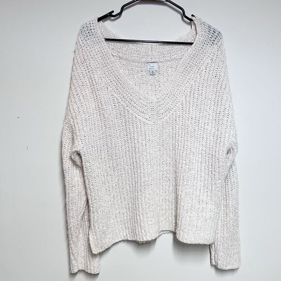 A New Day V Neck Twisted Cable Stitch Oversized Cream Sweater Womens Sz XL - Picture 2 of 6
